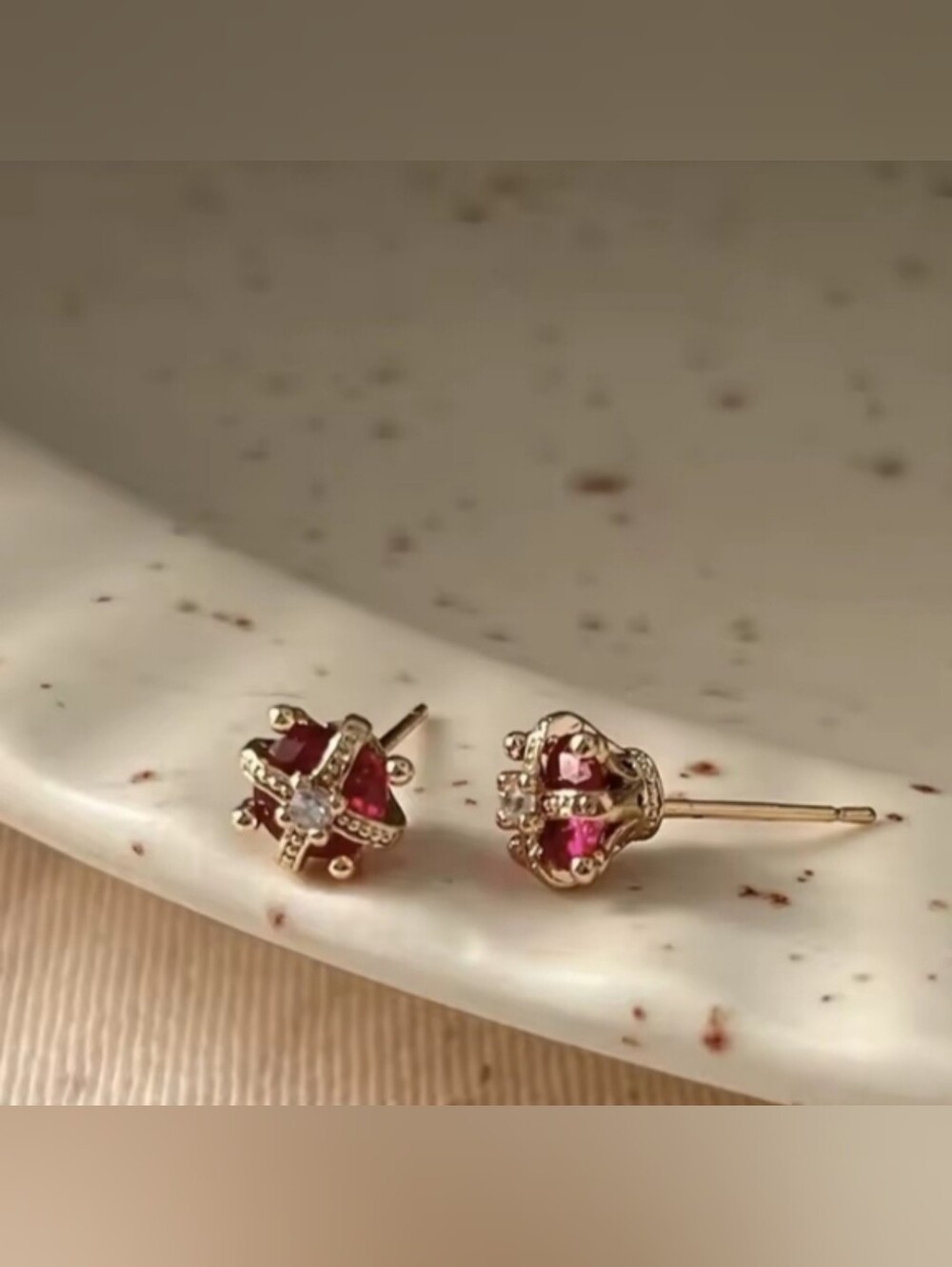 Gold Plated Ruby Crown Stud Earrings